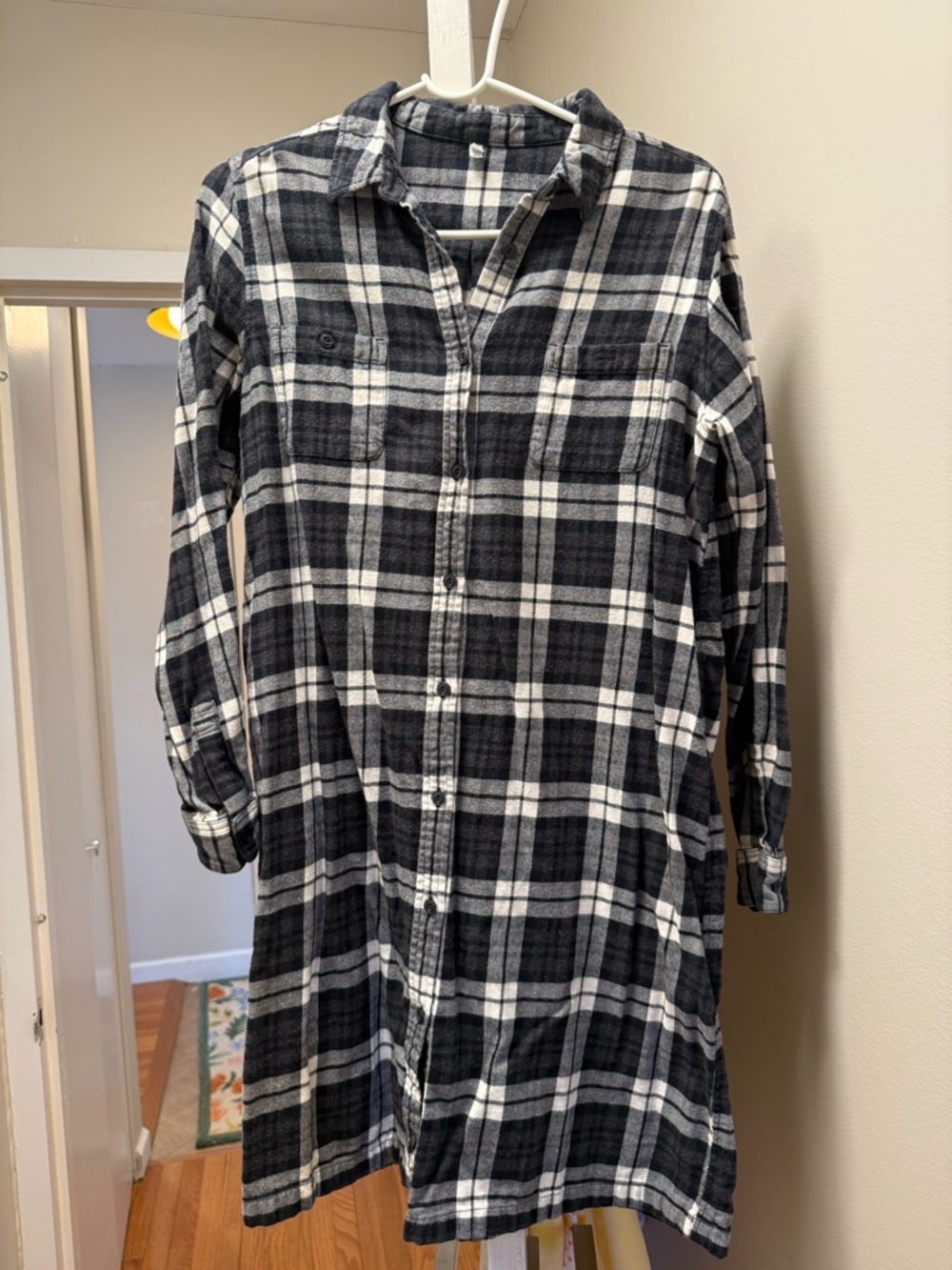 MUJI Black and White Plaid Button-Down Shirt Dress M